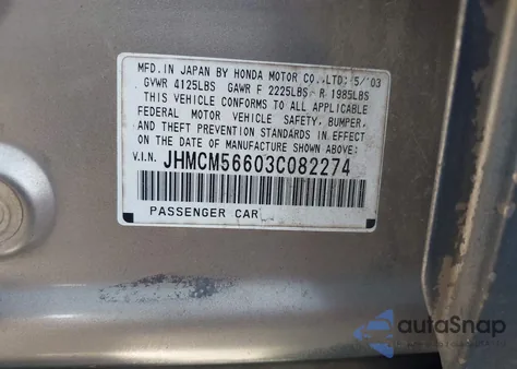 2003 Honda Accord 2.4 Ex из США, поврежденный, VIN JHMCM56603C082274